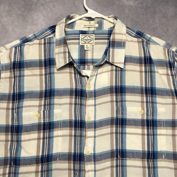 Lucky Brand Men Button Up Plaid Shirt size XL Short Sleeve Blue White California - Picture 3 of 15